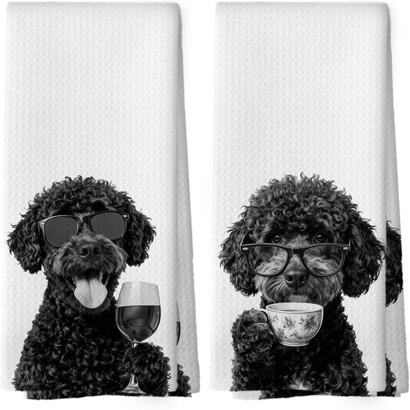 Mcehtle Funny Portuguese Water Dog Kitchen Towels Set of 2, Funny Dog Kitchen Accessories, Coffee Wine Station Decor, Chef Gift Hand Towel, Dining Room Decorative Tea Towel Dish Towels 16x24 Inch - Image 1